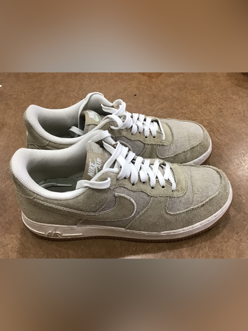 Nike Air Force 1 ‘07’ Low-Top Khaki Canvas, White & Gum Sole Women’s 8.5